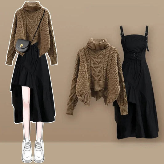 Chic Turtleneck Knit Sweater & Irregular Slip Dress Set" - Effortless Style in One Package! 🌟👗
