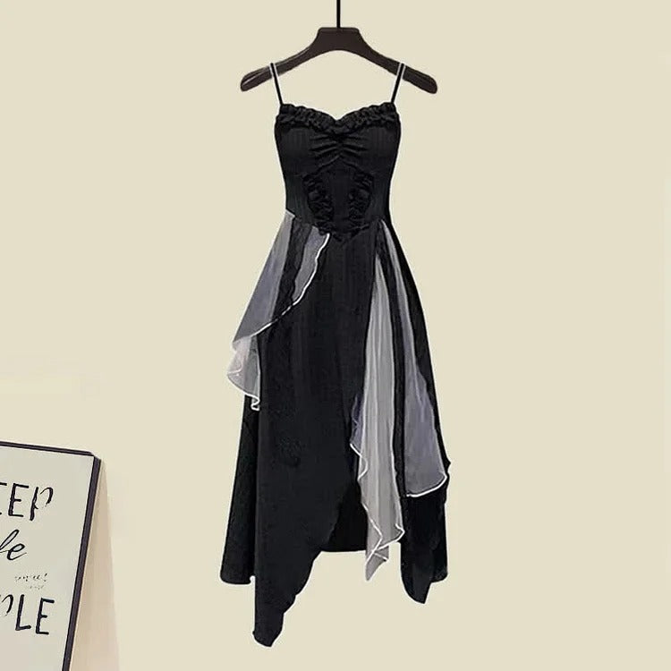 Chic Hollow Out Sweatshirt and Tulle Slip Dress Set