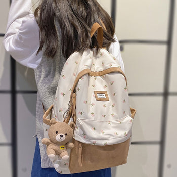 Beary Cute Kawaii Two-Tone Floral Backpack with Kawaii Charm Kawaii Mini Backpack - Kawaii Backpacks - Kawaii Plush Backpack