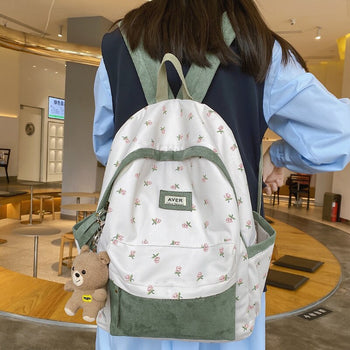 Beary Cute Kawaii Two-Tone Floral Backpack with Kawaii Charm Kawaii Mini Backpack - Kawaii Backpacks - Kawaii Plush Backpack