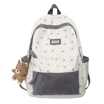 Beary Cute Kawaii Two-Tone Floral Backpack with Kawaii Charm Kawaii Mini Backpack - Kawaii Backpacks - Kawaii Plush Backpack