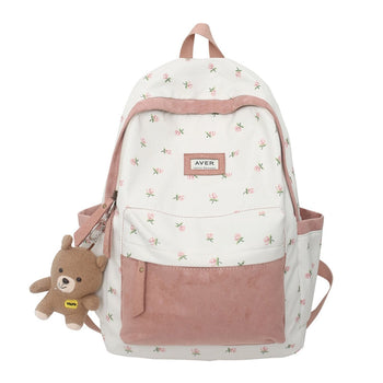 Beary Cute Kawaii Two-Tone Floral Backpack with Kawaii Charm Kawaii Mini Backpack - Kawaii Backpacks - Kawaii Plush Backpack