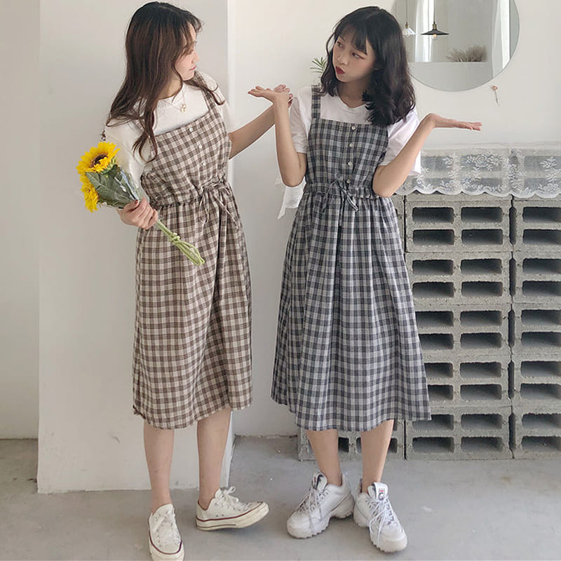Cute and Comfy Kawaii Casual Loose Strap Plaid Dress