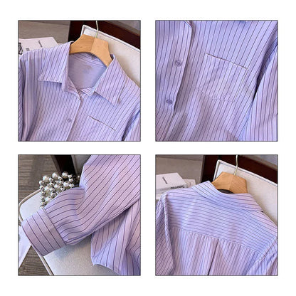 Vintage Plus Size Striped Pocket Lapel Shirt Dress