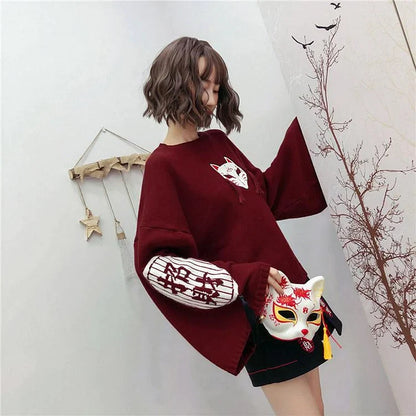 Cartoon Fox Embroidery Tassels Letter Pullover Sweater - Vintage Style