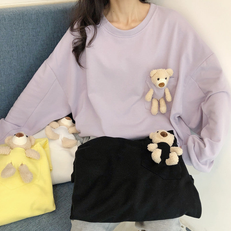 Kawaii Chic: Pocket Bear Loose Sweatshirt - Your Go-To for Casual Cuteness and Unmatched Comfort! 🎀💜