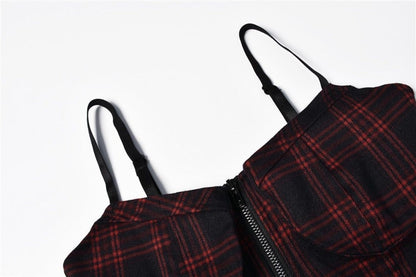 Edgy Plaid Zipper Chain Pleated Slip Dress