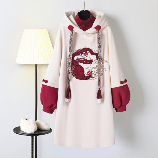 Red Dragon Embroidery Hoodie Sweatshirt Dress - Unleash Your Inner Dragon 🐉👗