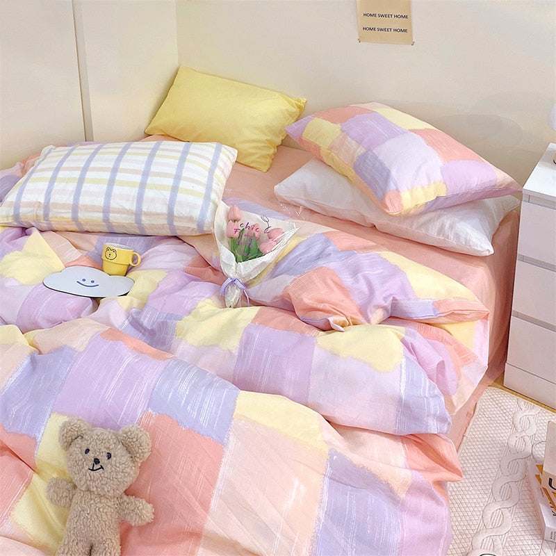 100% Cotton Block Colour Korean Bedding Set