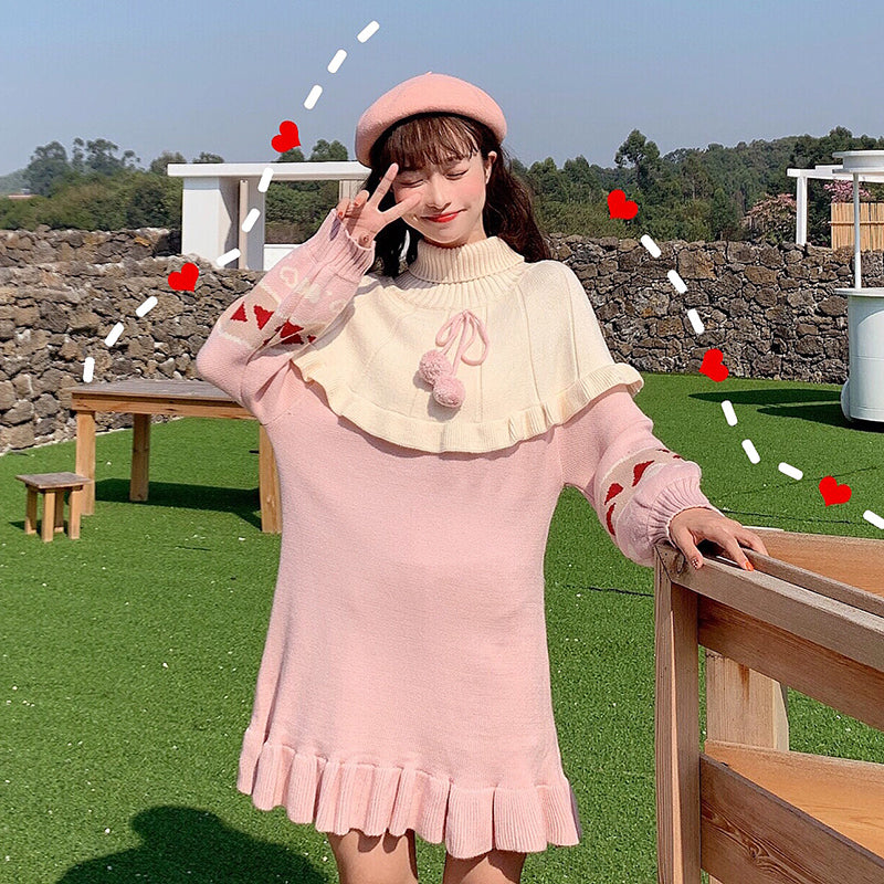 Kawaii Lolita Knit Ruffle Sweater Dress in Pink