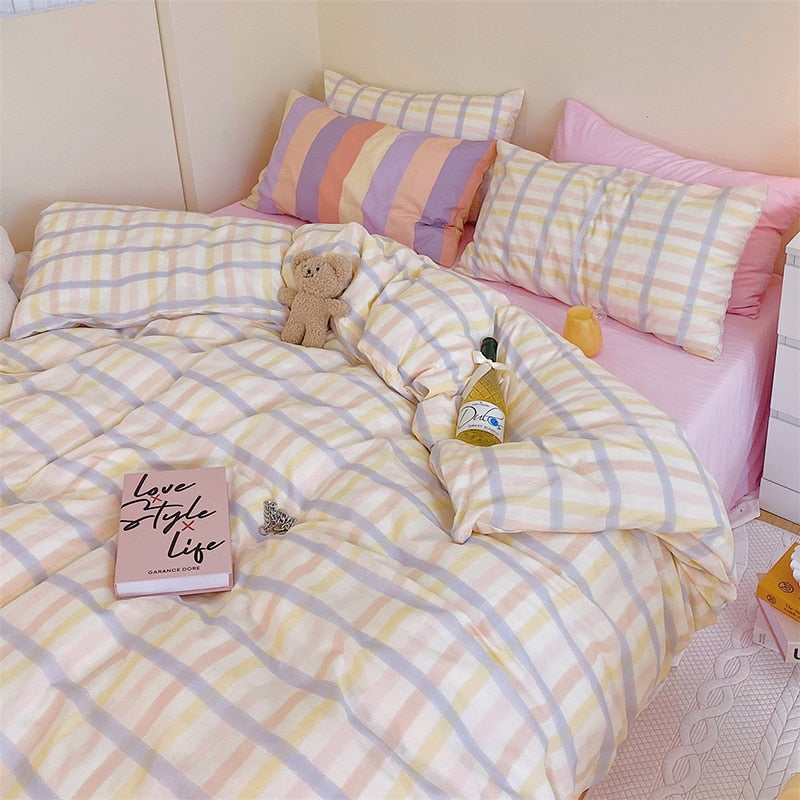 100 Cotton Block Colour Korean Bedding Set Youeni