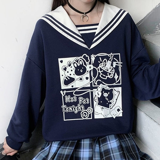 Cute Seafarer Chic: Kawaii Sailor Collar Cartoon Letter Sweatshirt - Set Sail in Style! ⚓💙