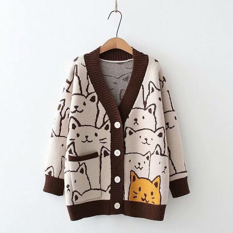 Harajuku Cartoon Cat Cardigan Sweater - Purr-fectly Adorable Fashion Statement! 😻🧥