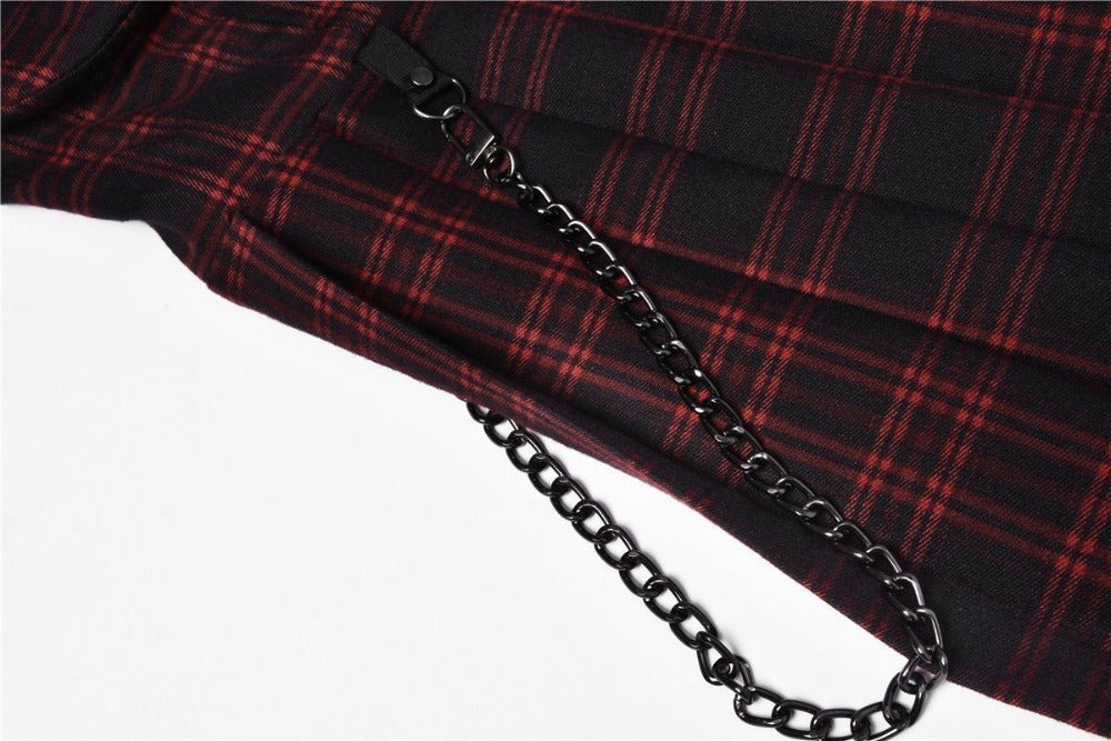 Edgy Plaid Zipper Chain Pleated Slip Dress