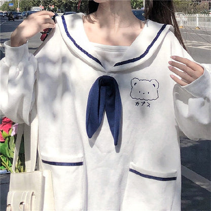 JK Bowknot Tie Bear Embroidery Sweatshirt - Sweet Schoolgirl Style