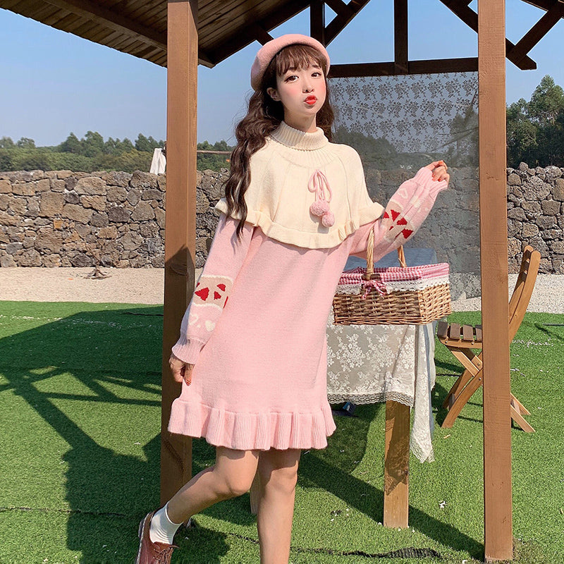 Kawaii Lolita Knit Ruffle Sweater Dress in Pink