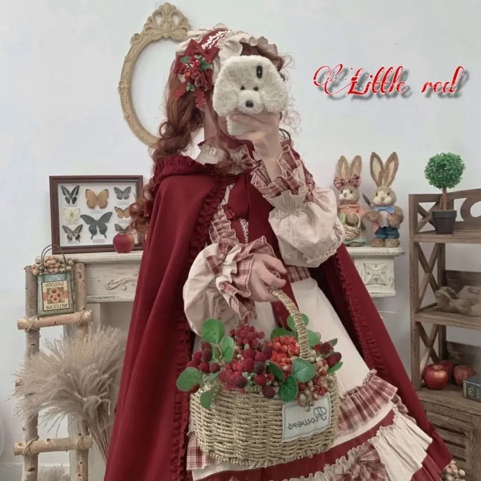 Lolita Bowknot Red Hood Cloak Plaid Dress Set