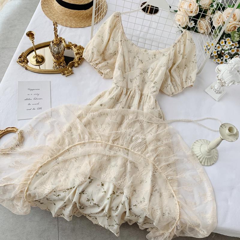 Elegant Beige Floral Fairy Dress - French Vintage Charm