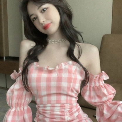 Kawaii Off-Shoulder Dress in Pink Plaid