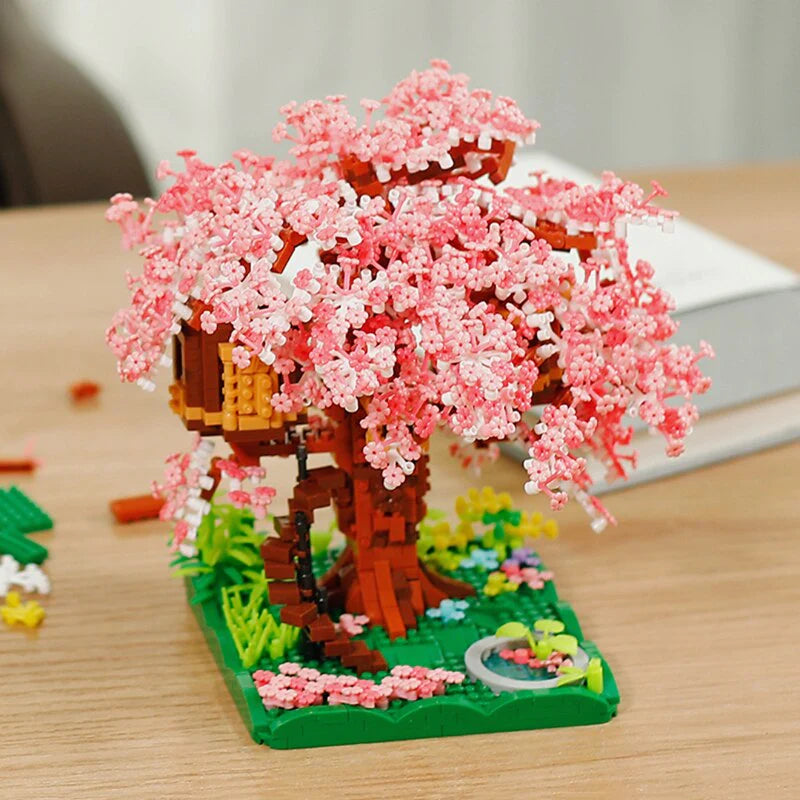 NEW Nano Building Blocks Set Of Japanese Pink Sakura Tree House Pond