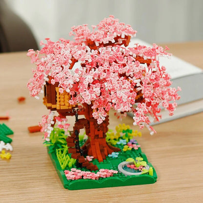 NEW Nano Building Blocks Set Of Japanese Pink Sakura Tree House Pond