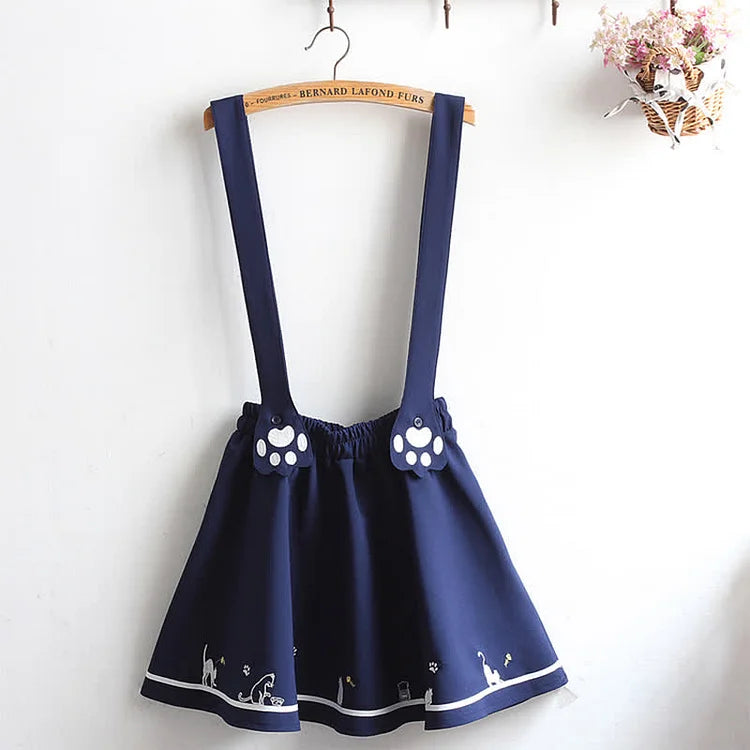 Cute Cartoon Kitty Fish Letter T-Shirt and Overalls Dress Set