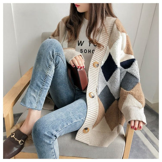 Trendy Button Puff Sleeve Cardigan Sweater - Elevate Your Style with Plaid Perfection! 🌟🧥