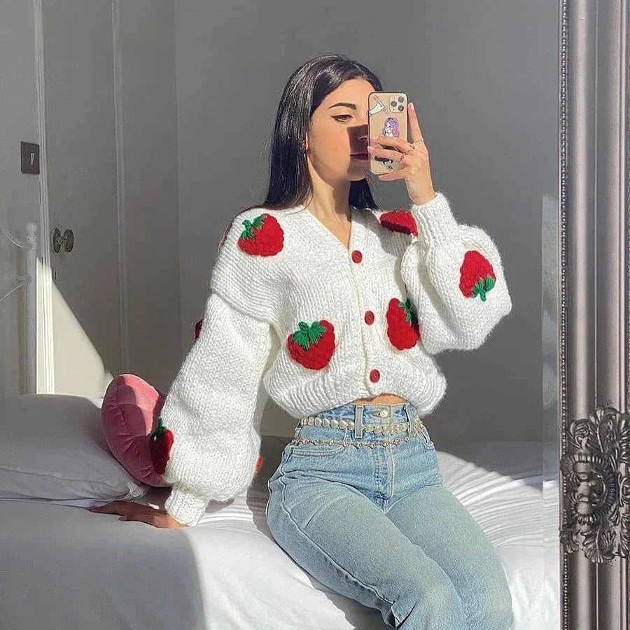 Kawaii Fashion Strawberry Cardigan Sweater - Sweeten Your Style with Strawberries! 🍓👚