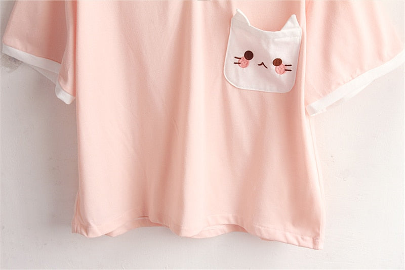 Kawaii Cat Paw Collar Pink T-Shirt