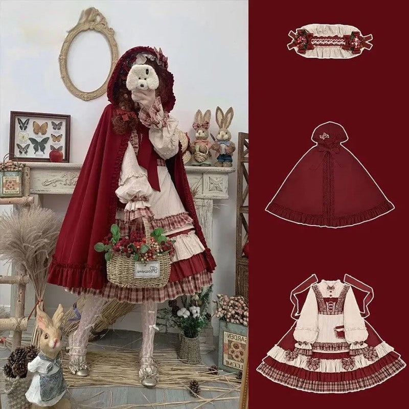 Lolita Bowknot Red Hood Cloak Plaid Dress Set
