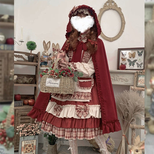 Lolita Bowknot Red Hood Cloak Plaid Dress Set