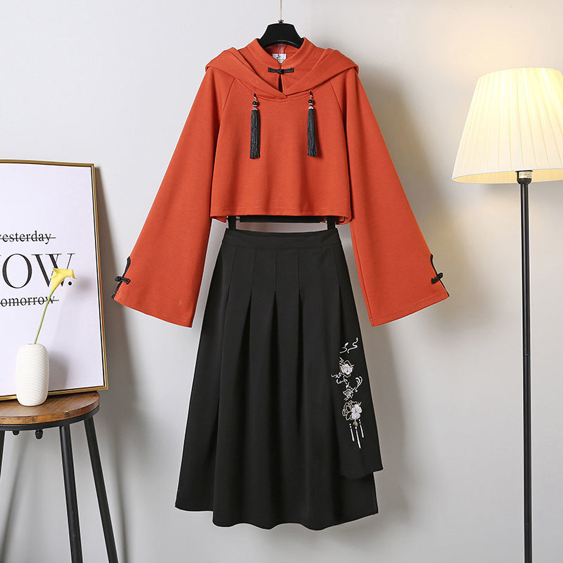 Vintage Floral Embroidery Hoodie Sweatshirt Skirt - Classic Style