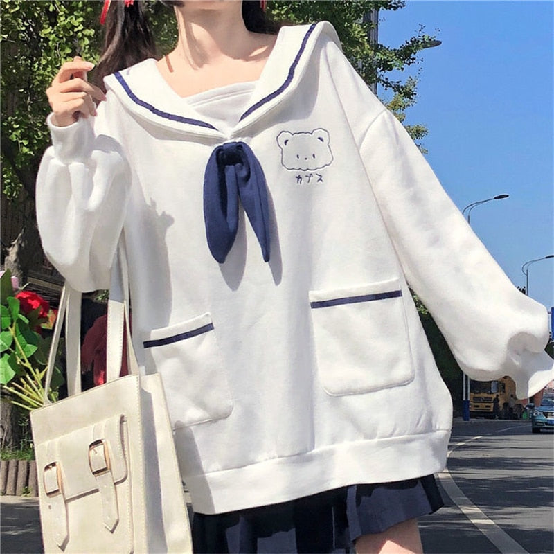 JK Bowknot Tie Bear Embroidery Sweatshirt - Sweet Schoolgirl Style