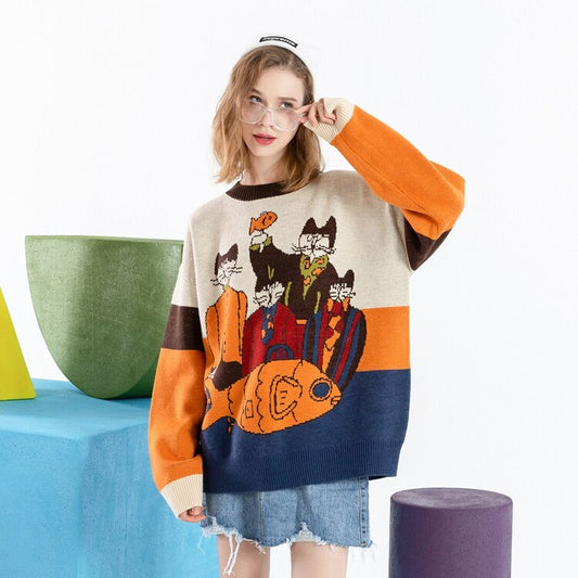 Get Cozy and Cute with the Cartoon Retro Cat Sweater