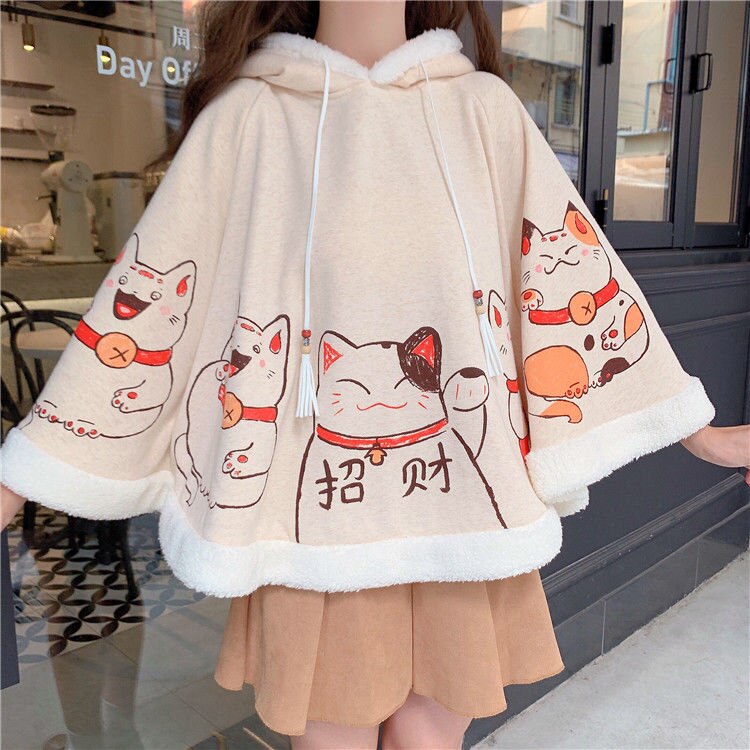 Kawaii Cloak Lucky Cat Hoodie: Embrace the Cute Harajuku Style