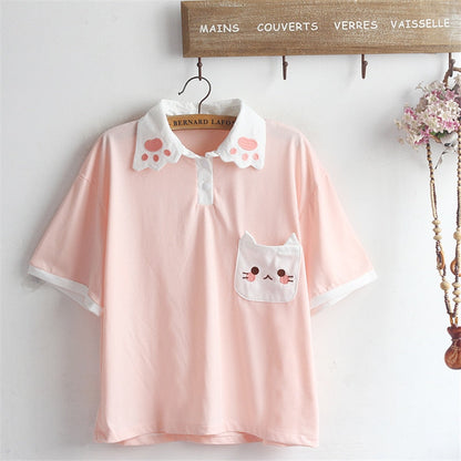 Kawaii Cat Paw Collar Pink T-Shirt