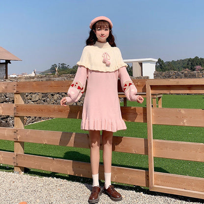 Kawaii Lolita Knit Ruffle Sweater Dress in Pink