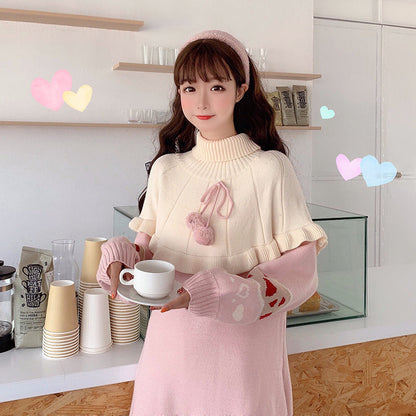 Kawaii Lolita Knit Ruffle Sweater Dress in Pink