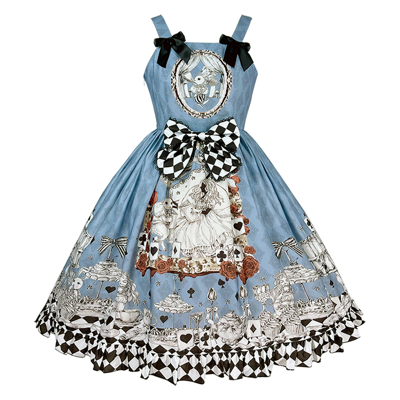 Gothic Charm: Sleeveless Cartoon Print Dress with Bow Detail