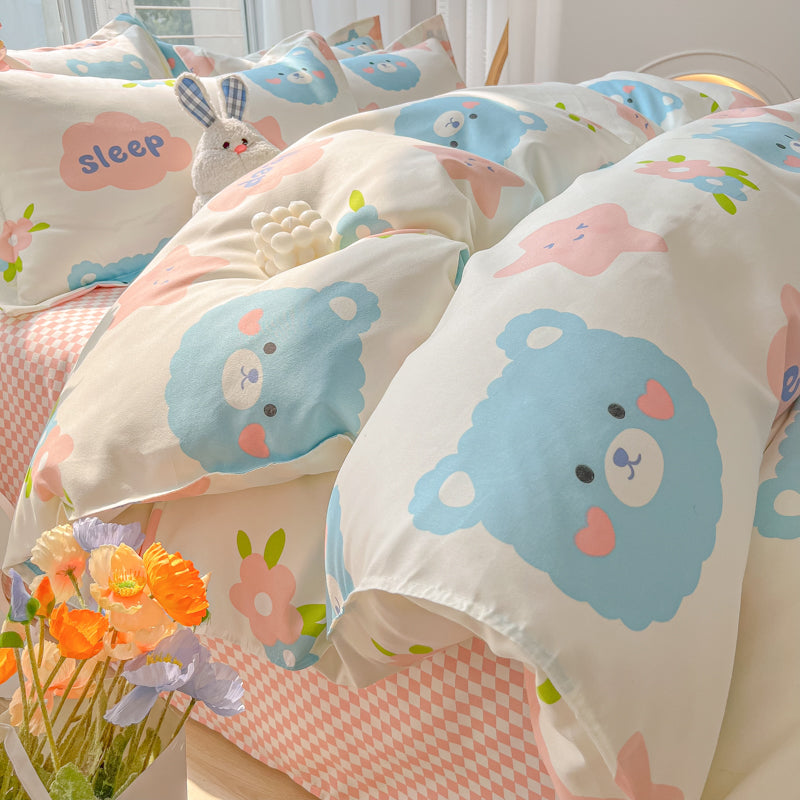 Bunny Bear Pink Yellow Blue Polyester Bedding Set | NEW