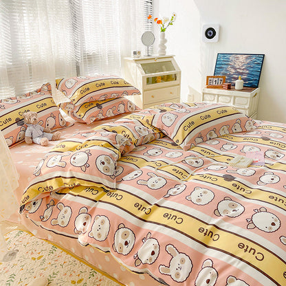 Bunny Bear Pink Yellow Blue Polyester Bedding Set | NEW