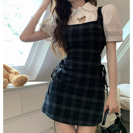 Sweet Love Heart Hollow Out Collar Shirt Lace Up Plaid Dress Two Piece Set