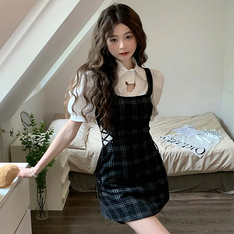 Sweet Love Heart Hollow Out Collar Shirt Lace Up Plaid Dress Two Piece Set