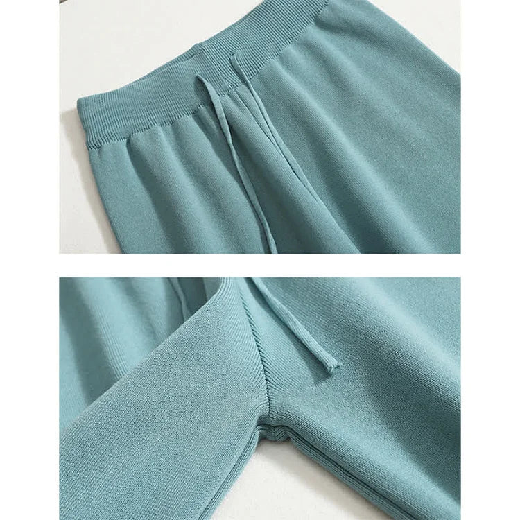 V-Neck Lattice Print Knit Sweater Wide Leg Pants Two Piece Set