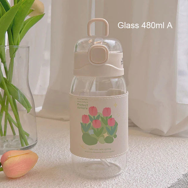 Kawaii Tulip Glass Water Bottle