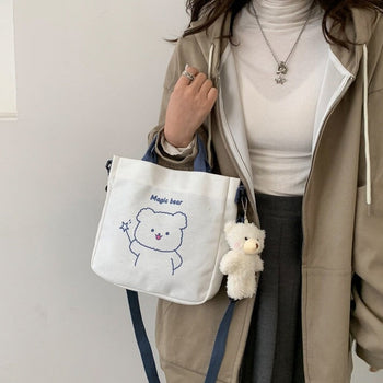Kawaii Bear Canvas Tote Bag - Kawaii Bag - Kawaii Plush Backpack - Kawaii Mini Backpack