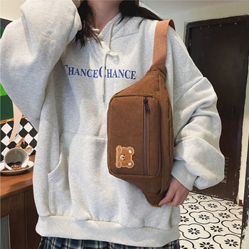 Kawaii Bear Corduroy Crossbody Plush Backpack - Kawaii Bag - Kawaii Backpack - Kawaii Mini Backpack