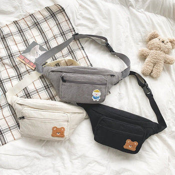 Kawaii Bear Corduroy Crossbody Plush Backpack - Kawaii Bag - Kawaii Backpack - Kawaii Mini Backpack