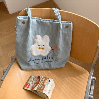 Kawaii FuFu Rabbit Corduroy Tote Bag - Kawaii Bag