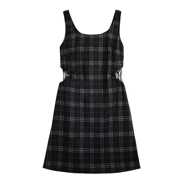 Sweet Love Heart Hollow Out Collar Shirt Lace Up Plaid Dress Two Piece Set